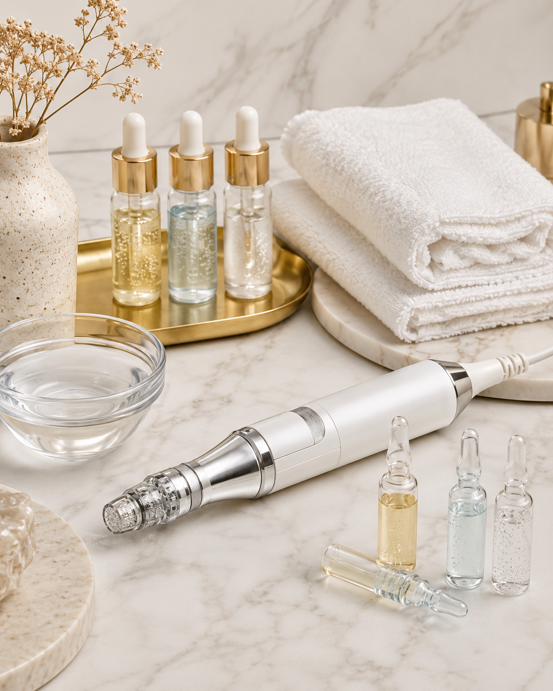 Diamond-tip facial treatment handpiece with targeted serum ampoules, clean towels, and skincare tools arranged on a light marble surface.