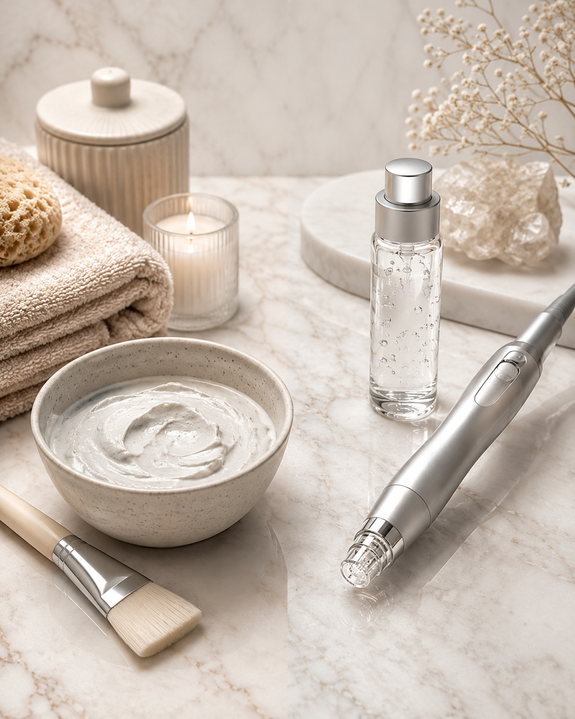 Diamond-tip treatment device displayed beside a facial mask bowl, application brush, serum, towels, and spa accessories on a neutral marble surface