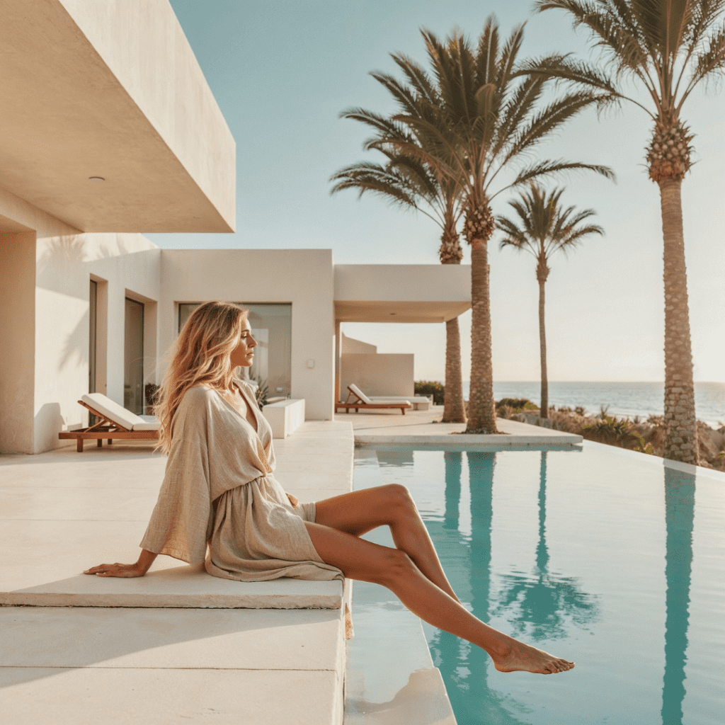 Woman sitting on the edge of a pool in St. Tropez