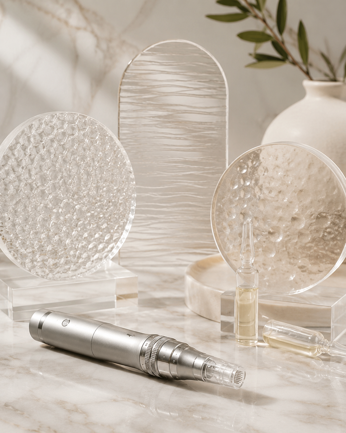 Microneedling device arranged with white skincare products, towels, a facial roller, and spa accessories on a marble surface.