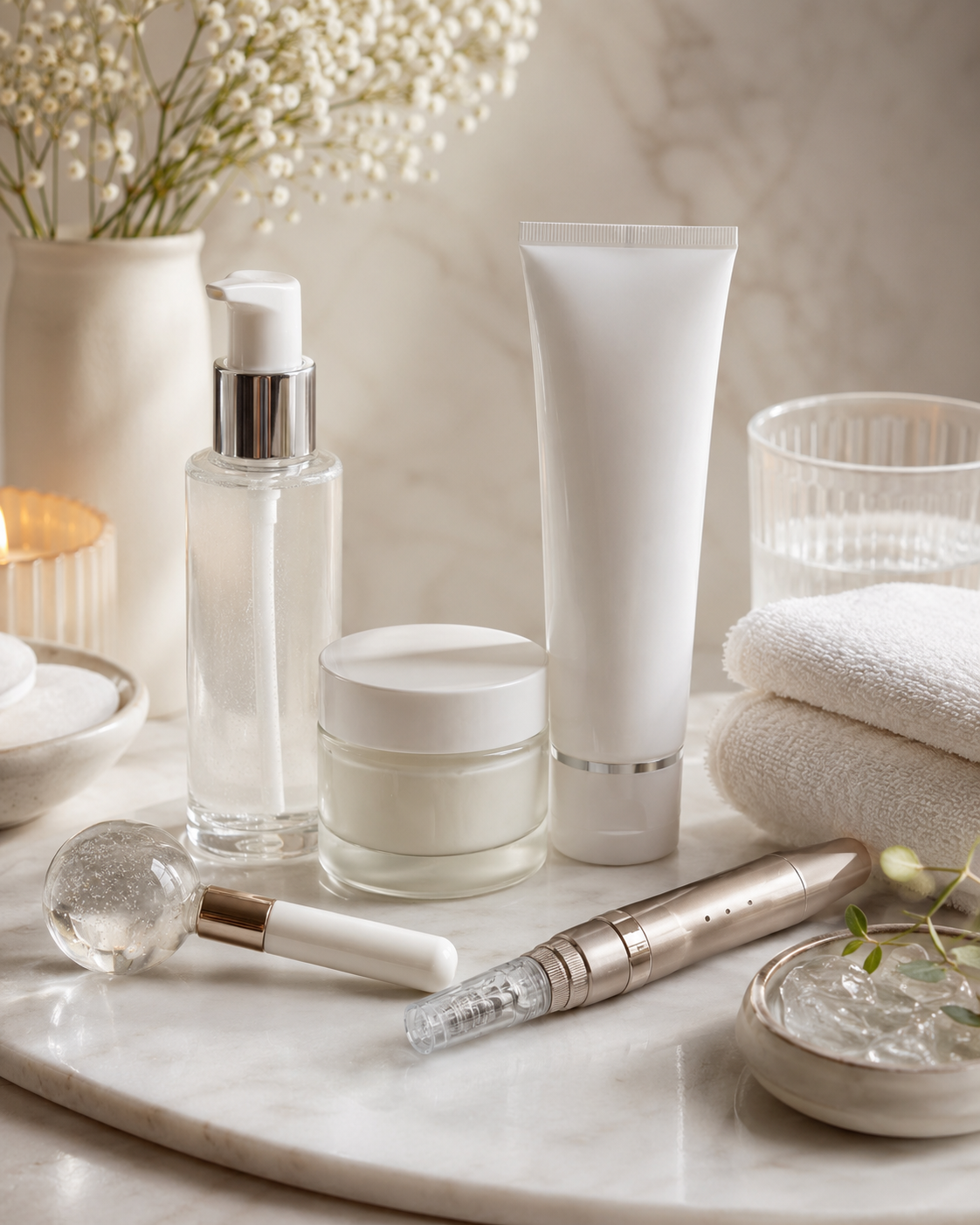 Microneedling pen displayed beside skincare ampoules and textured glass panels in a soft, neutral treatment-room setting.
