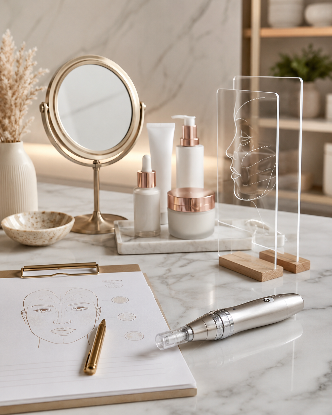 Microneedling consultation setup with a treatment device, skincare products, facial mapping sheet, mirror, and acrylic face diagrams on a marble counter.